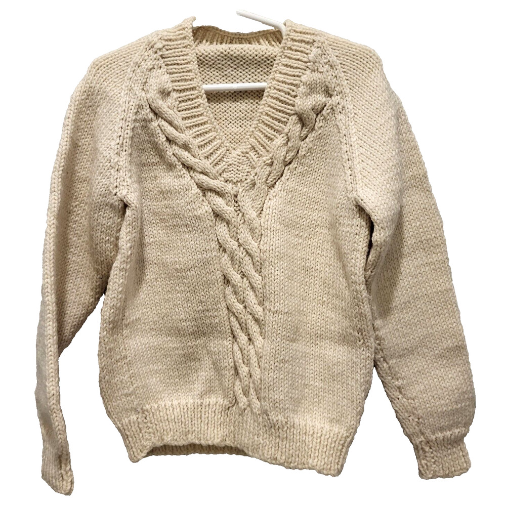 Vintage 80s Cable Knit Sweater Chunky Handcrafted Boys 5-7 Ivory Long Sleeves YK